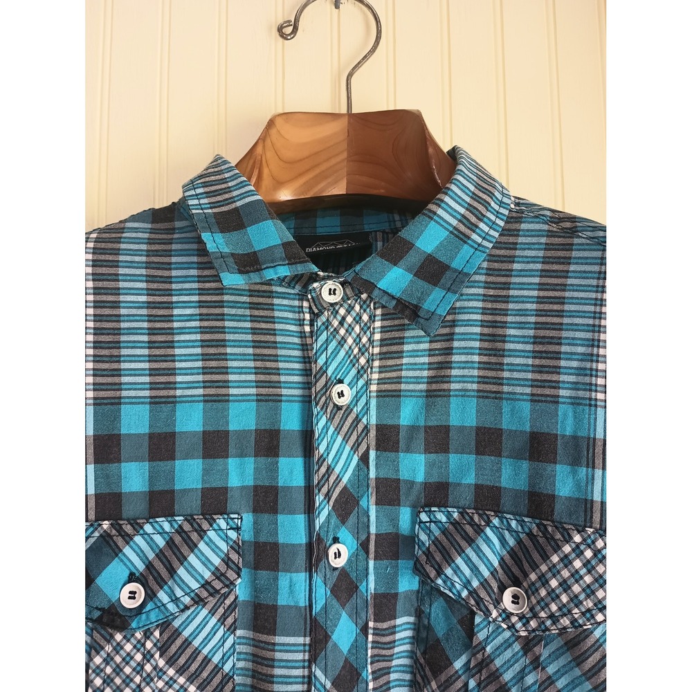 Diamond Stash Mens Teal Black Plaid Long Sleeve Button Down Shirt Large